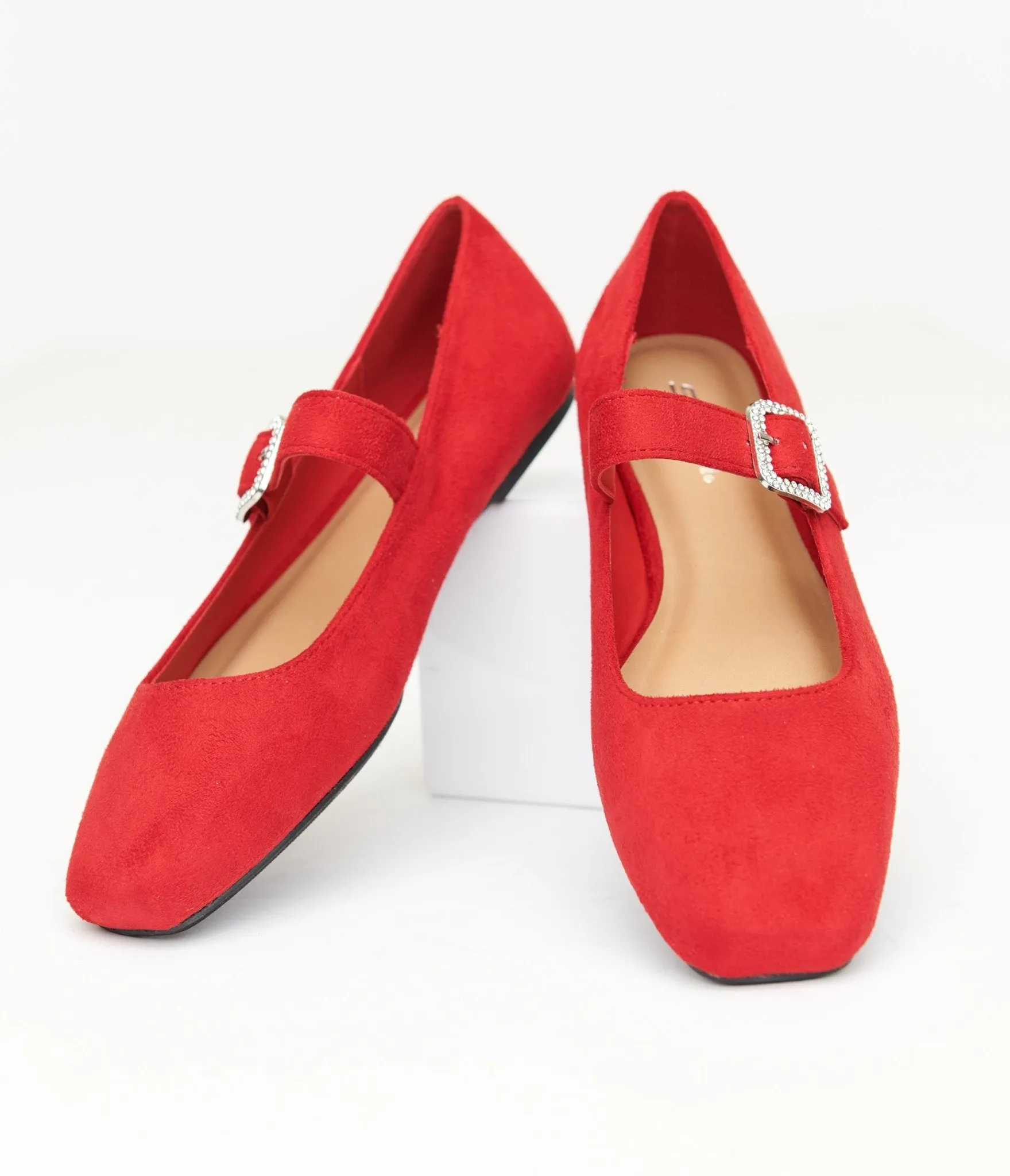 1960s Red Suede Rhinestone Buckle Mary Jane Flats