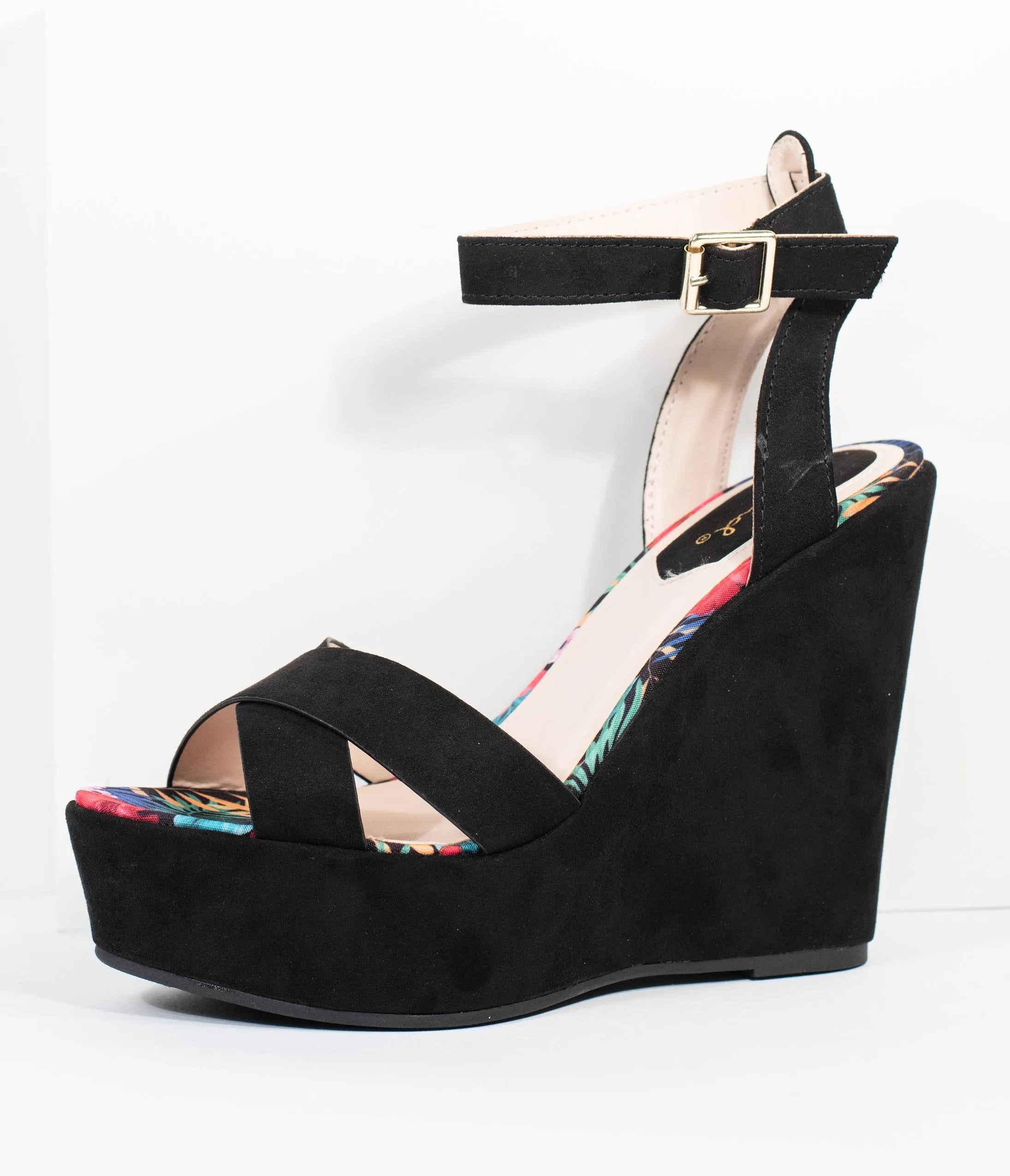 1970s Black Suede Platform Sandal Wedge