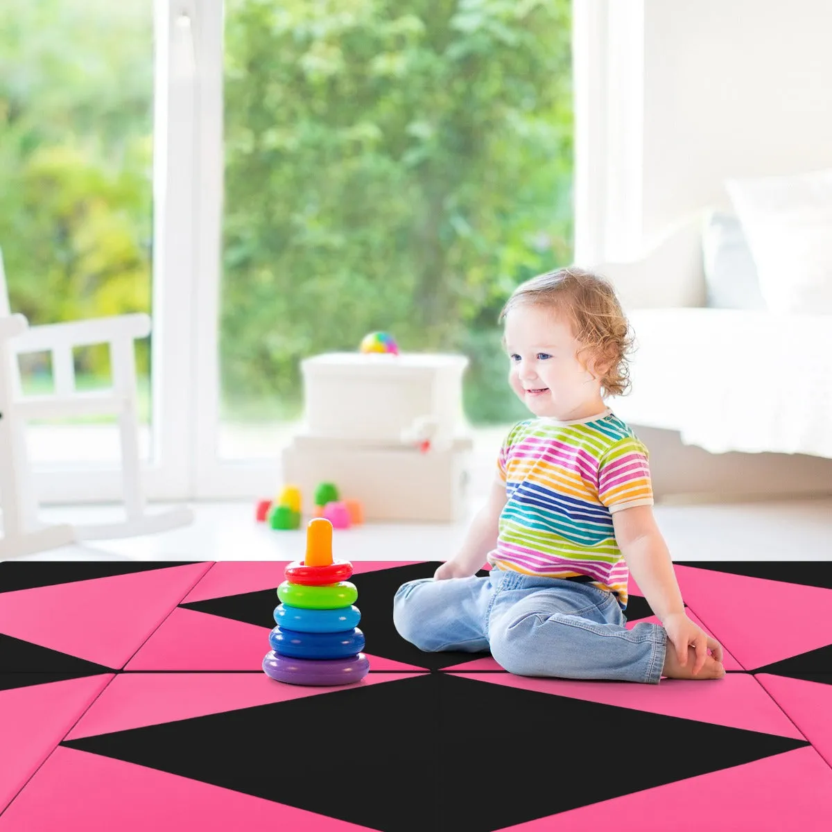 240cm PU Leather Folding Gymnastics Mat-Pink & Black