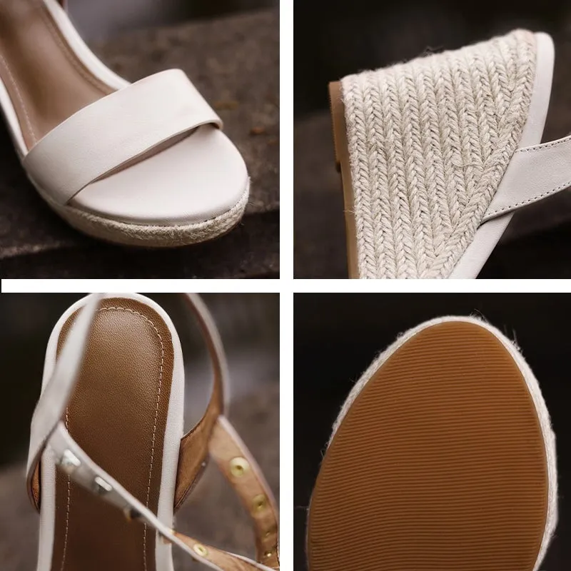 95mm Slingback Espadrille-Wedge Leather Sandals rivet-anklet in Beige/Brown