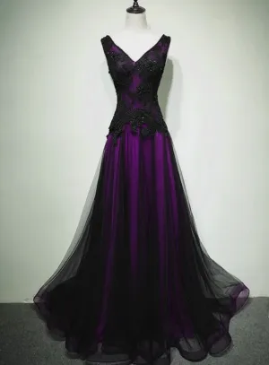 A-line Black and Purple Tulle V-neckline Beaded Prom Dress, Black Tulle Formal Dress