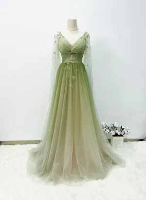 A-line Green Gradient Tulle Long Sleeves Party Dress, V-neckline Green Formal Dress Prom Dress