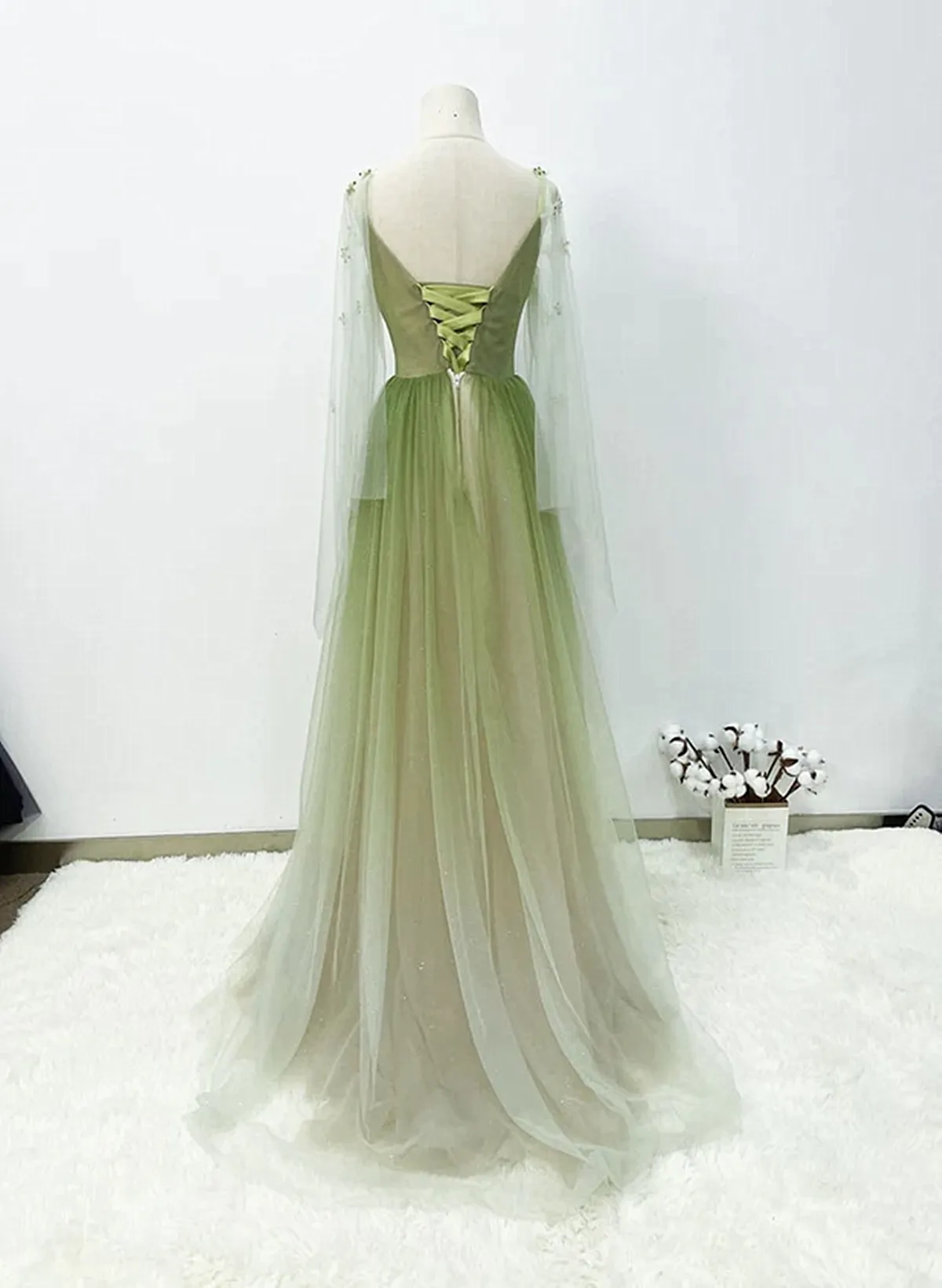 A-line Green Gradient Tulle Long Sleeves Party Dress, V-neckline Green Formal Dress Prom Dress