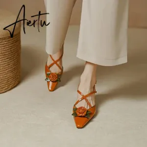 Aiertu Summer/Spring Woman Shoes Cow Leather Pointed Toe Women Sandals Flowers High Heels Slingback Stiletto Retro Shoes for Women