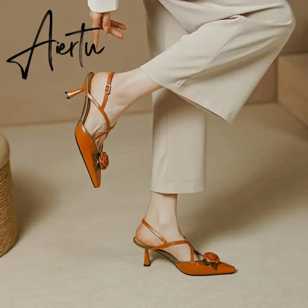 Aiertu Summer/Spring Woman Shoes Cow Leather Pointed Toe Women Sandals Flowers High Heels Slingback Stiletto Retro Shoes for Women