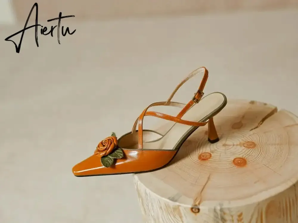 Aiertu Summer/Spring Woman Shoes Cow Leather Pointed Toe Women Sandals Flowers High Heels Slingback Stiletto Retro Shoes for Women