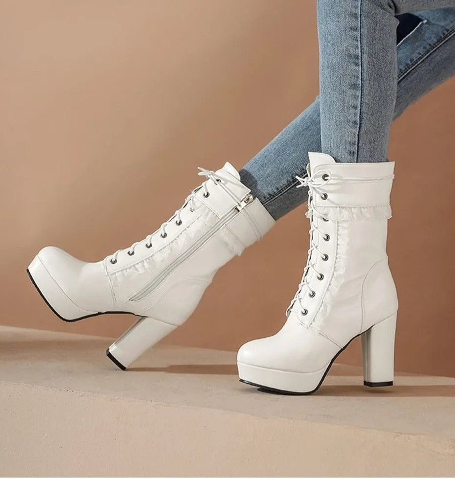 Amozae Autumn Winter Short Boots For Women High Hoof Heels Lace-Up Ankle Strap Buckles Female Ankle Boots Fashion Ruffles