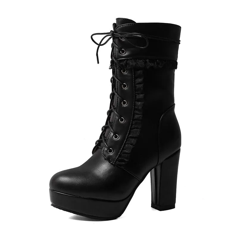 Amozae Autumn Winter Short Boots For Women High Hoof Heels Lace-Up Ankle Strap Buckles Female Ankle Boots Fashion Ruffles