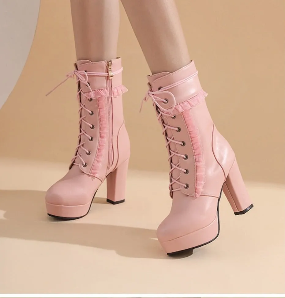 Amozae Autumn Winter Short Boots For Women High Hoof Heels Lace-Up Ankle Strap Buckles Female Ankle Boots Fashion Ruffles