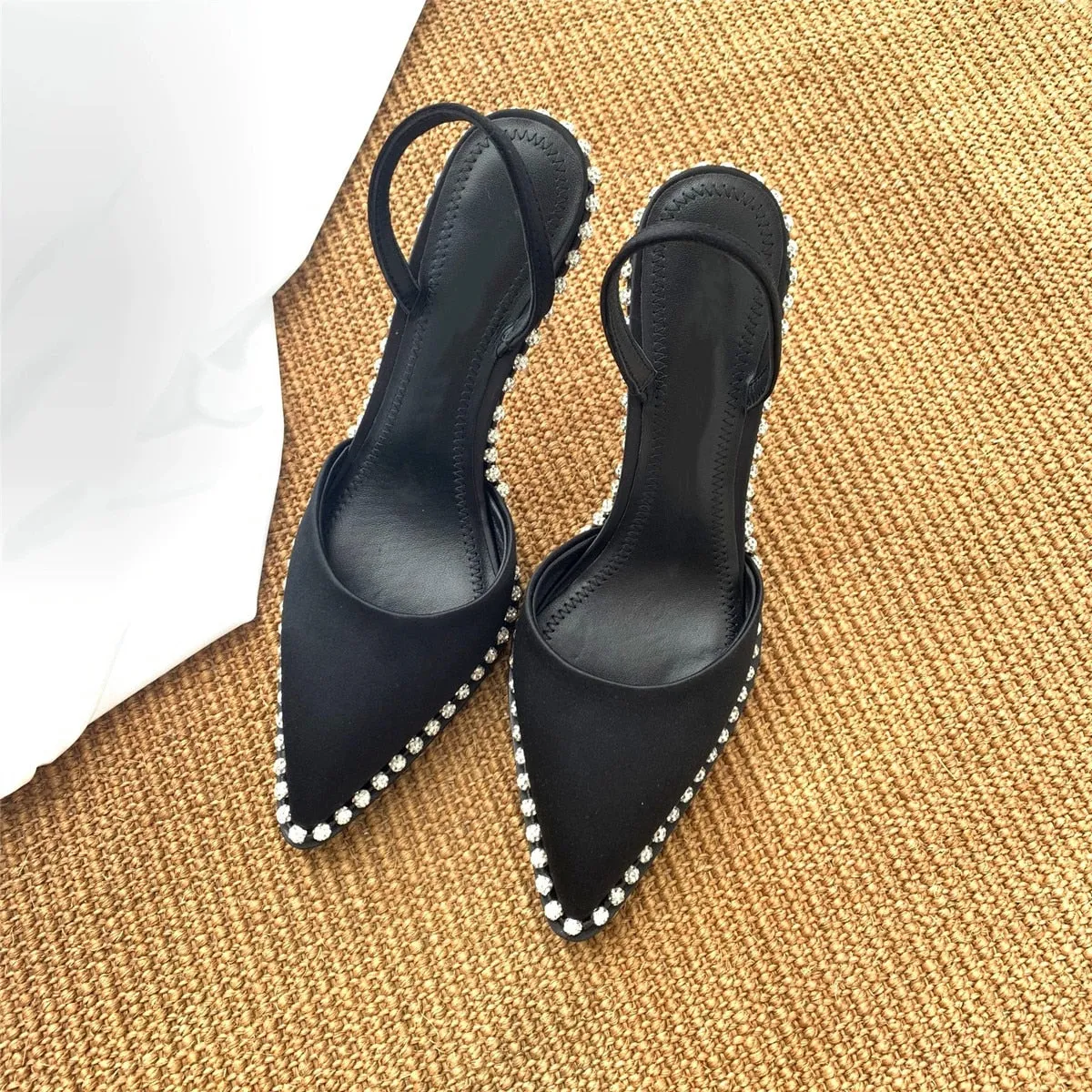 Amozae- Black Pointed Toe Satin Sandals 2024 New Summer Rhinestone Rivets Baotou High Heels Women's Shoes Stiletto