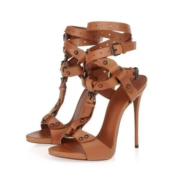 Amozae- Gladiator Split Leather Ankle Strap High Heels