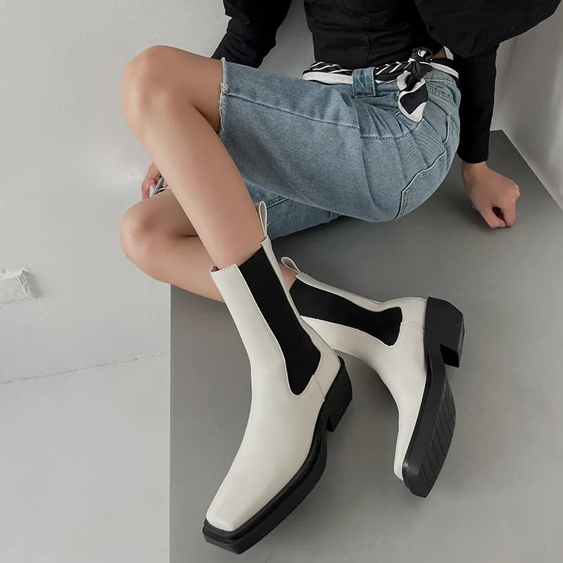 Amozae Hot Women Boots Fashion Split Leather Slip-On Chelsea Boots Square Toe Thick Heel Female Platform Boots Handmade Women Shoes