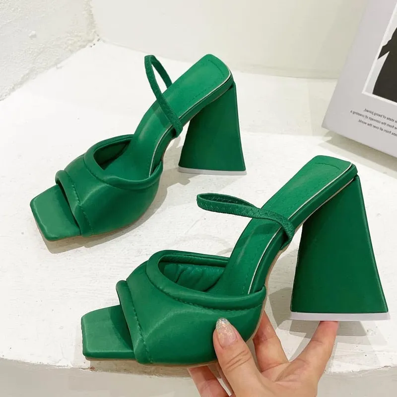 Amozae- Silk Green high heels Sandals Fashion Open Toe Triangle Square Heels Back Strap Women Sandals Dress Shoes