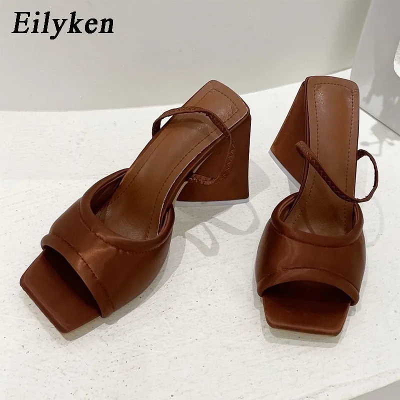 Amozae- Silk Green high heels Sandals Fashion Open Toe Triangle Square Heels Back Strap Women Sandals Dress Shoes