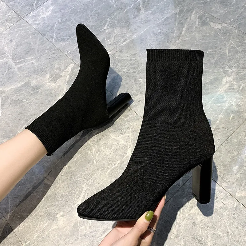 Amozae  Simple fashion stretch socks boots women's high heels shoes knit socks boots skinny women pointed autumn and winter bare boots