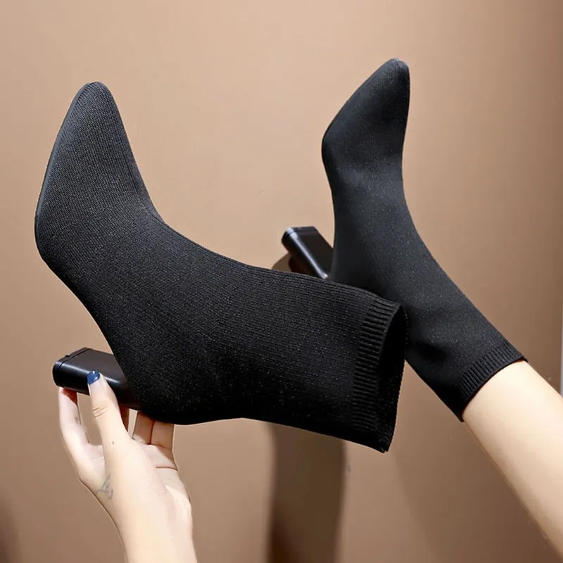 Amozae  Simple fashion stretch socks boots women's high heels shoes knit socks boots skinny women pointed autumn and winter bare boots