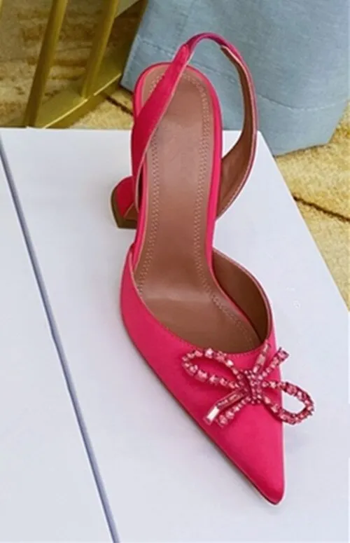 Amozae  Spring And Summer New Pointed Bow Rhinestone Sandals Women's Back Empty High-Heeled Design Niche Shoes