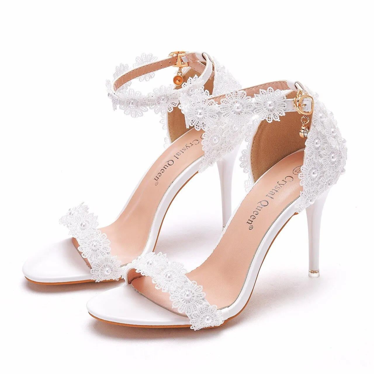 Amozae  White Ankle Strap Lace Flowers Elegant Party Sandals Thin High Heels Women Big Size Summer Office Wedding Shoes Stilettos H0036