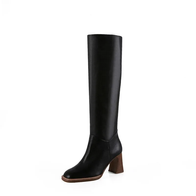 Amozae Winter New  Leather Knee-Length Boots Square Toe High Heel Women's Boots Square Heel Western Boots Women's Shoes