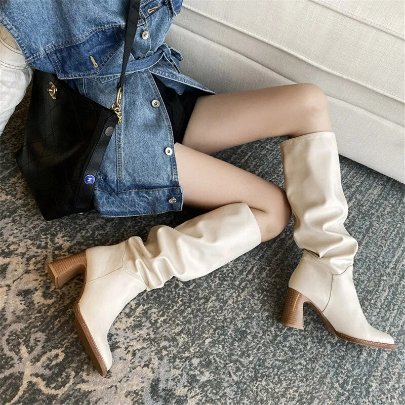 Amozae Winter New  Leather Knee-Length Boots Square Toe High Heel Women's Boots Square Heel Western Boots Women's Shoes