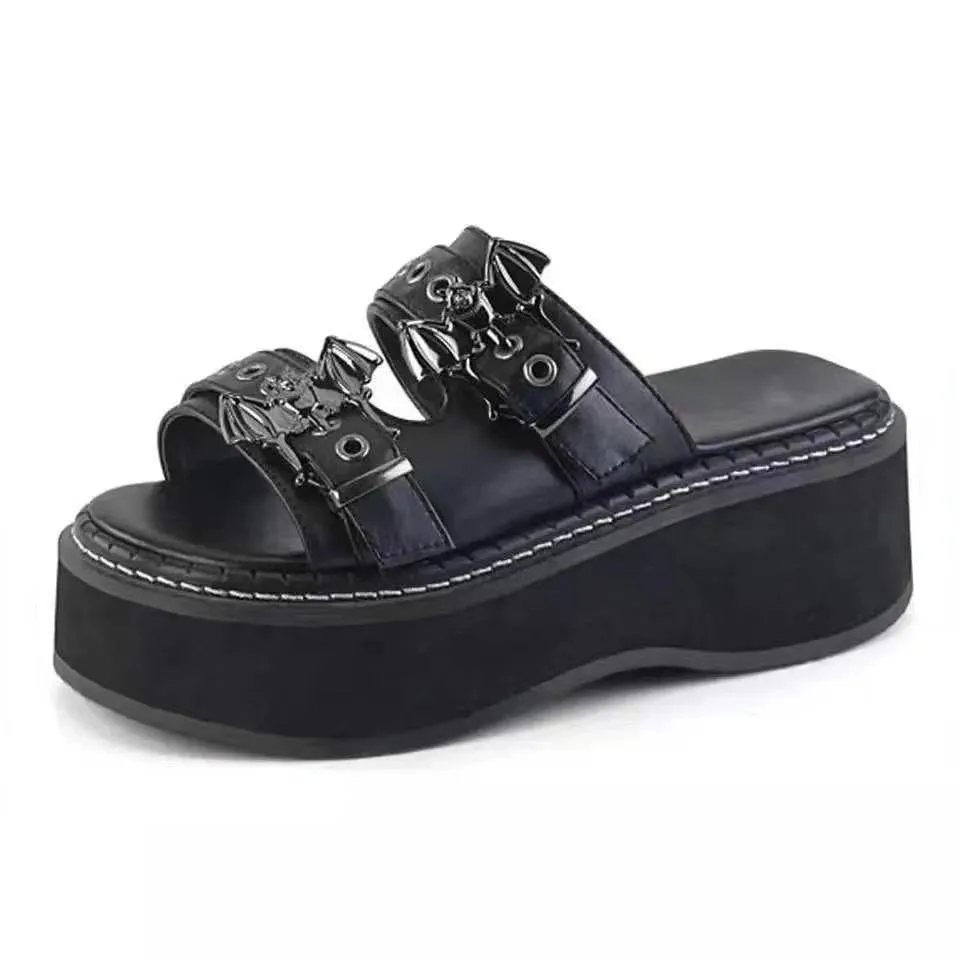 Amozae  Woman Summer Slippers Shoes Women Gothic Punk Round Toe Platform Sandals Slide Lady High Heels Wedges Female Sandals Black Shoe