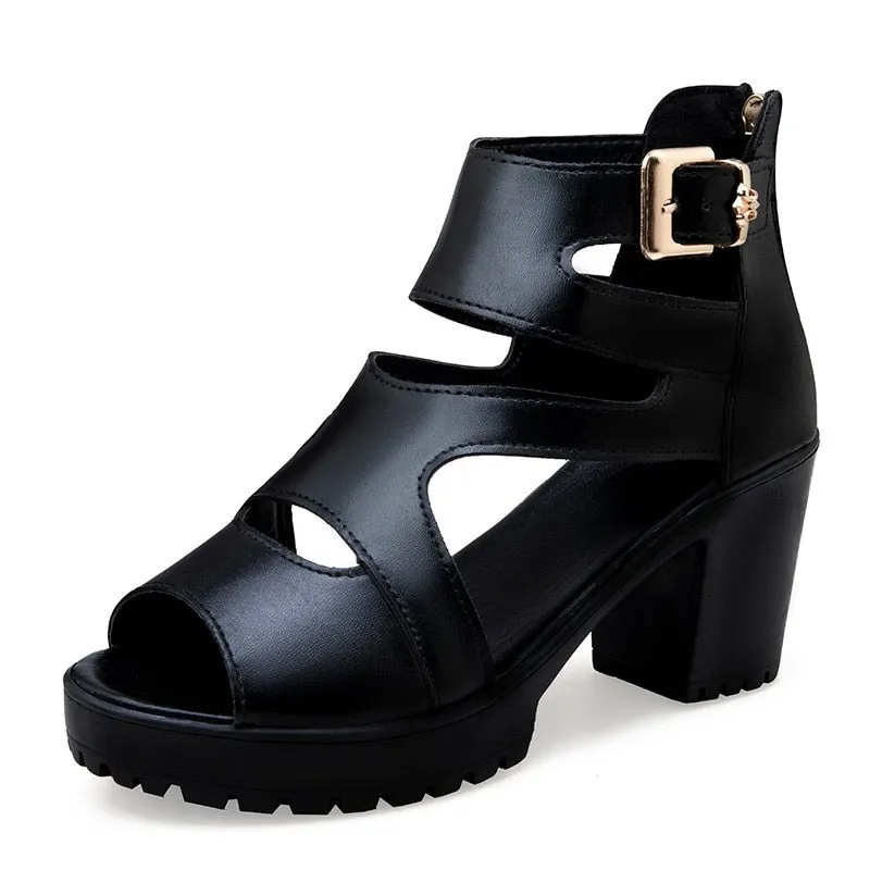 Amozae- Women Sandals Soft Leather PU High Squre Heel Sandals Black Thick Platform Shoes Female Open Toe Party wedding Shoes