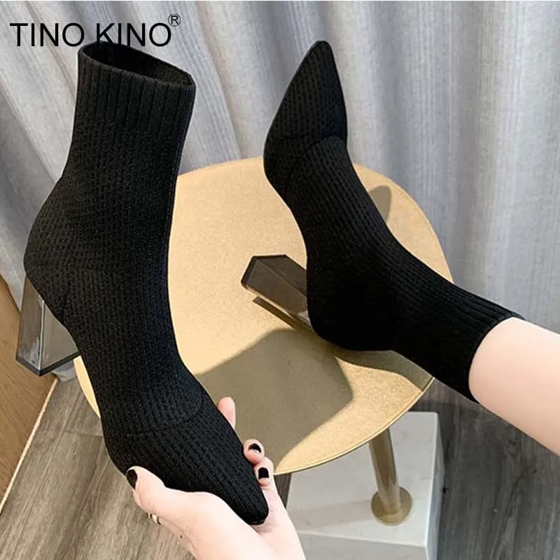 Amozae-Women Socks Ankle Boots Kintting Ladies High Heels Ladies Winter Stretch Fabric Pointed Toe Shoes Fashion 2024 Female Footwear