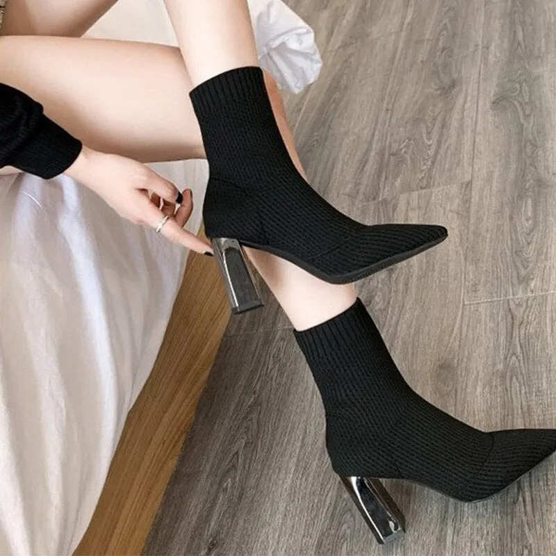 Amozae-Women Socks Ankle Boots Kintting Ladies High Heels Ladies Winter Stretch Fabric Pointed Toe Shoes Fashion 2024 Female Footwear