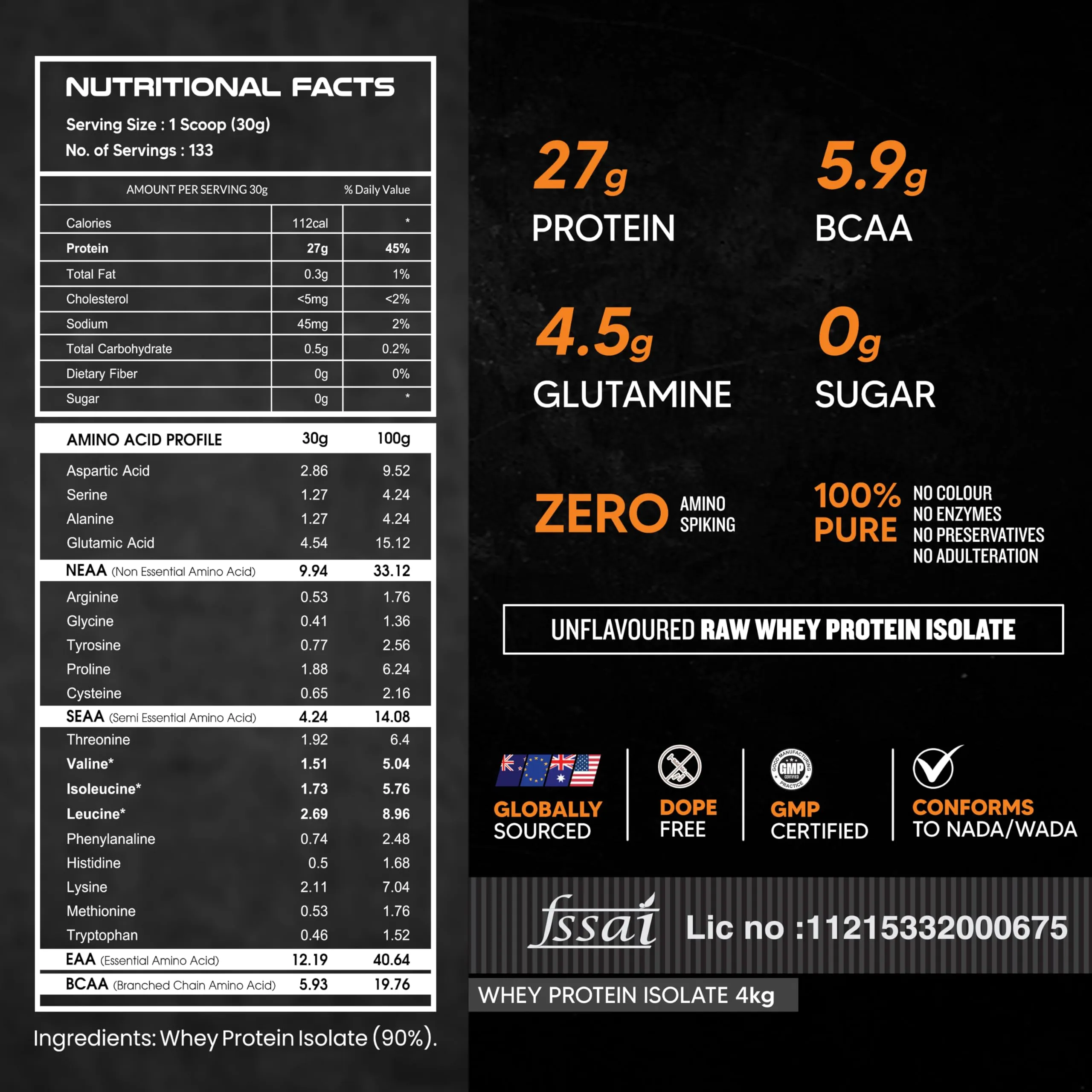 AS-IT-IS Nutrition Whey Protein Isolate 90% - 4 kg | Protein 27g & BCAA 5.9g per serving