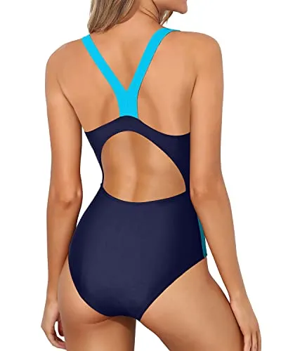 Athletic Racerback Racing One Piece Swimwear-Navy Blue