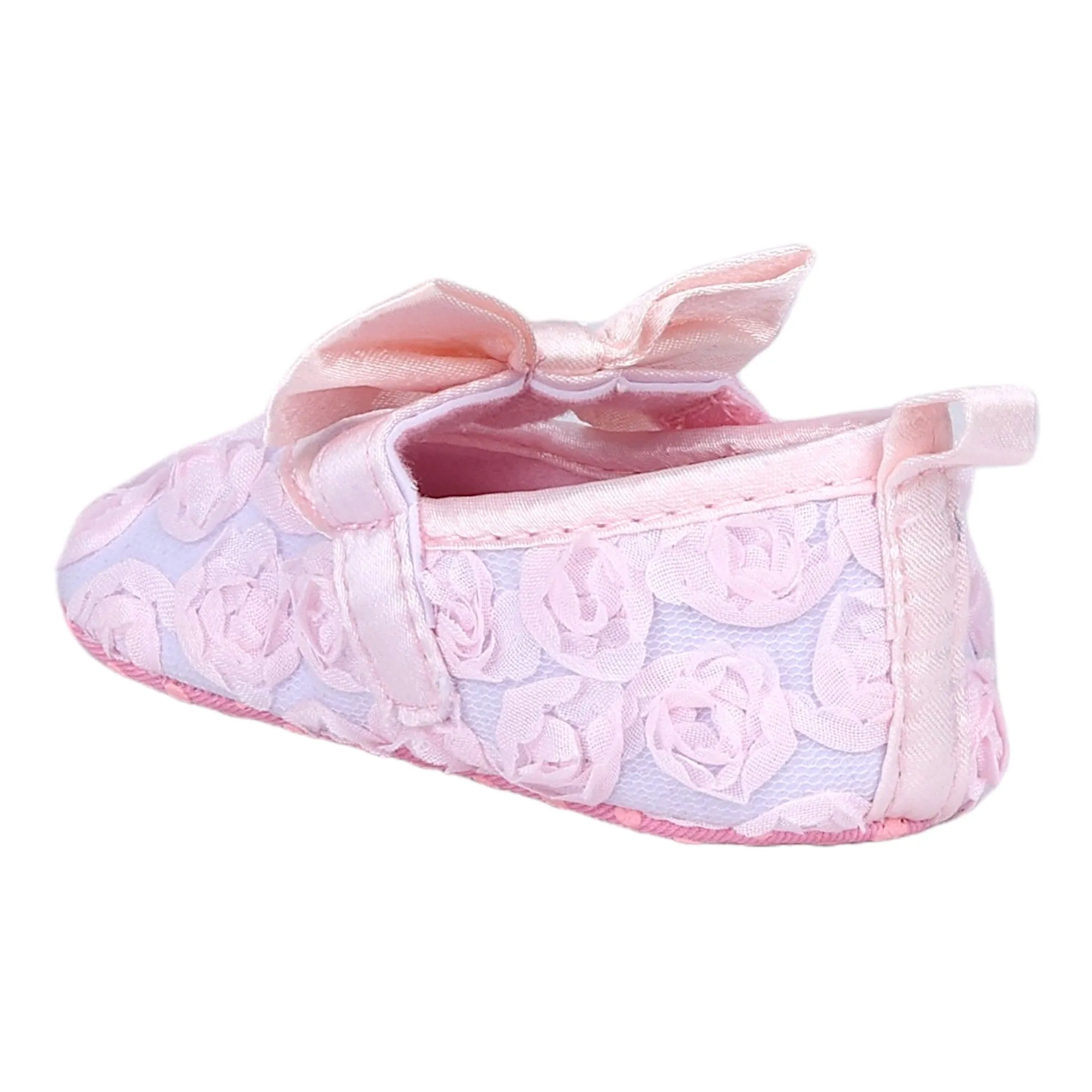 Baby Moo Big Bow Floral Lace Elastic Strap Ballerina Booties - Pink