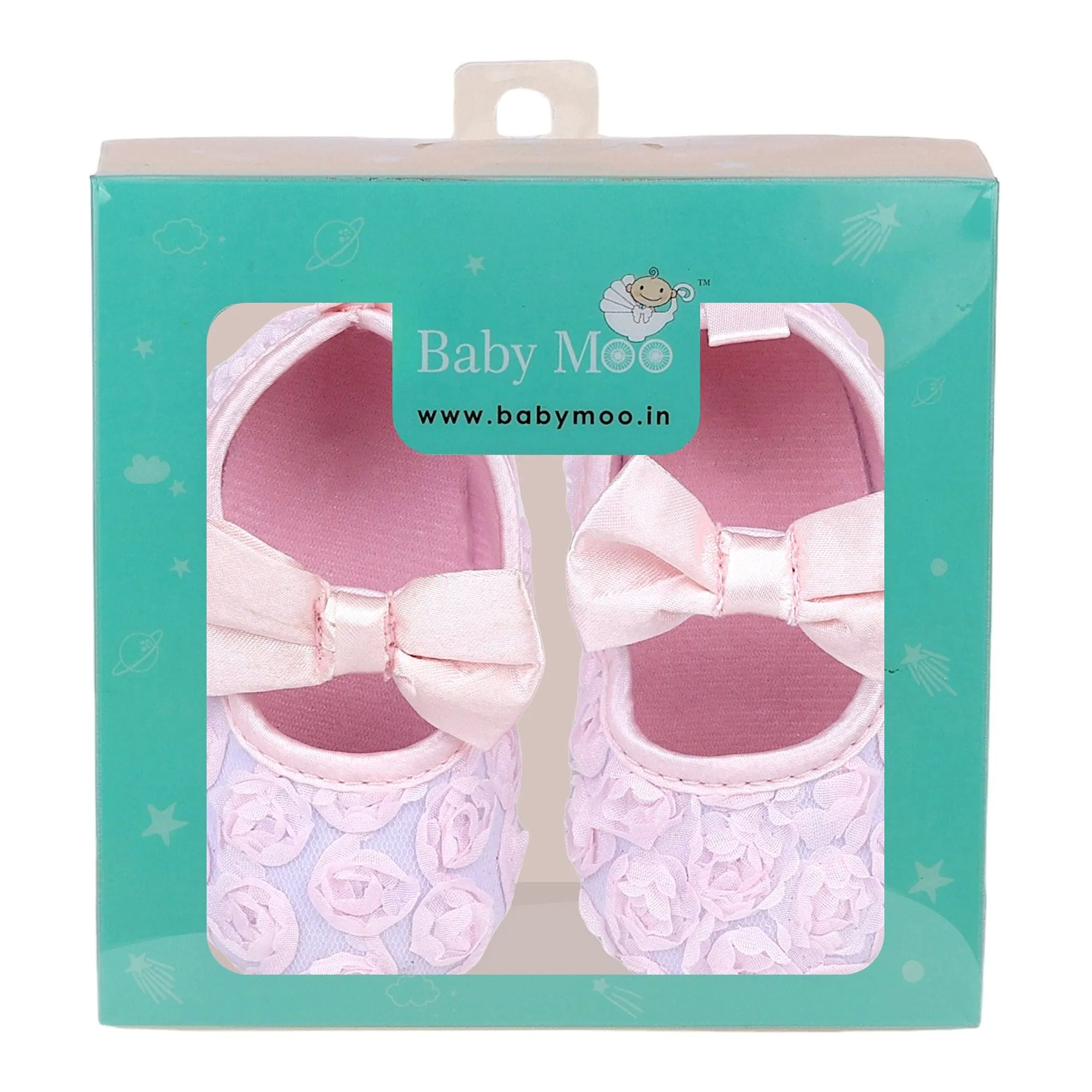 Baby Moo Big Bow Floral Lace Elastic Strap Ballerina Booties - Pink