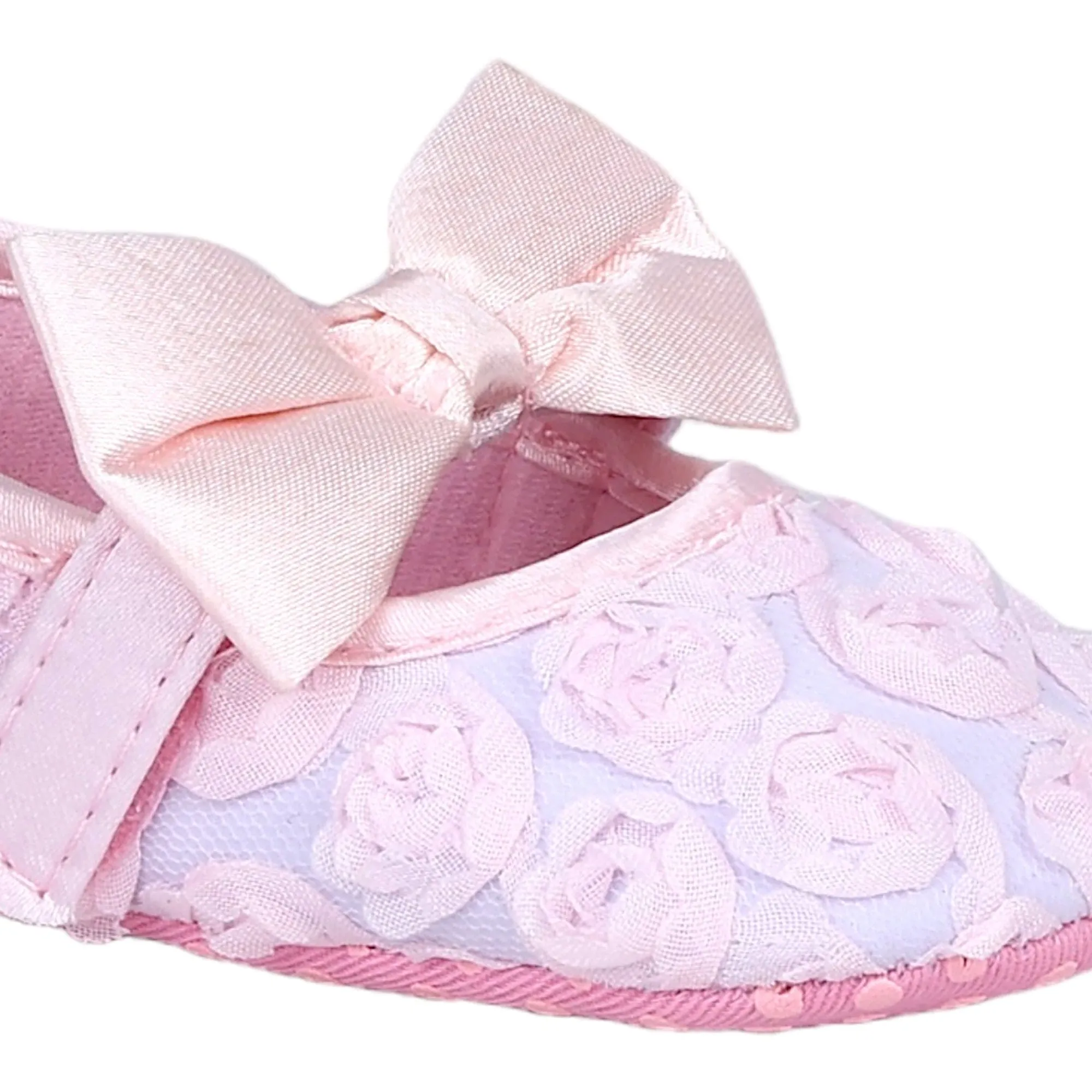 Baby Moo Big Bow Floral Lace Elastic Strap Ballerina Booties - Pink