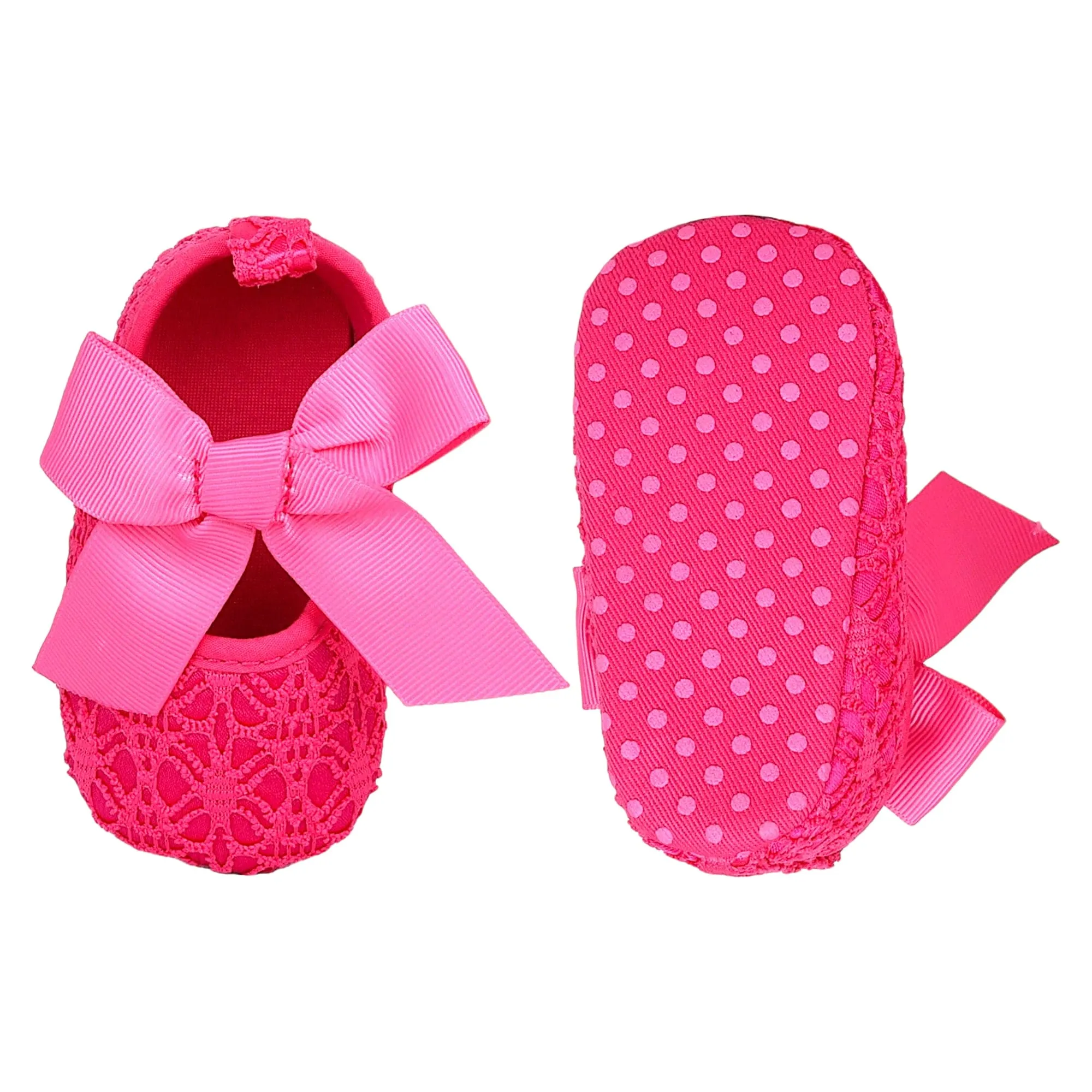 Baby Moo Big Bow Satin Lace Elastic Strap Ballerina Booties - Pink