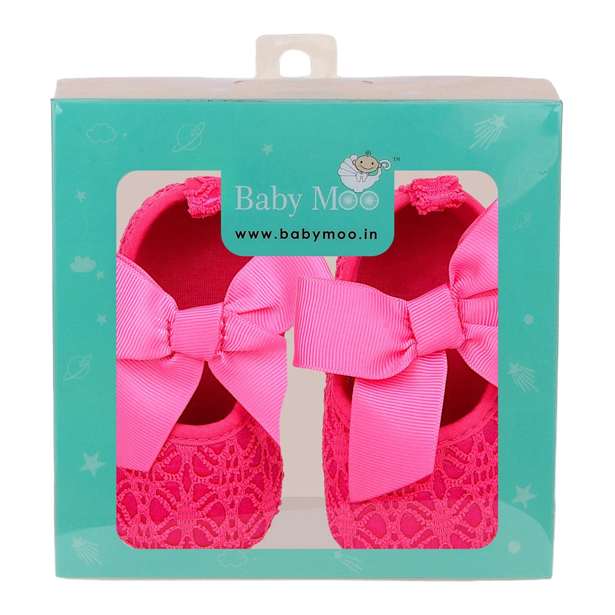 Baby Moo Big Bow Satin Lace Elastic Strap Ballerina Booties - Pink