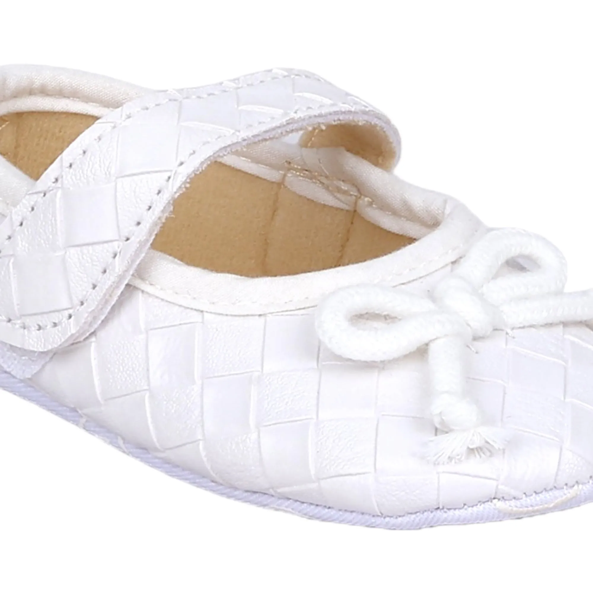 Baby Moo Bow Knot Velcro Strap Textured Leather Anti-Skid Ballerina Booties - White