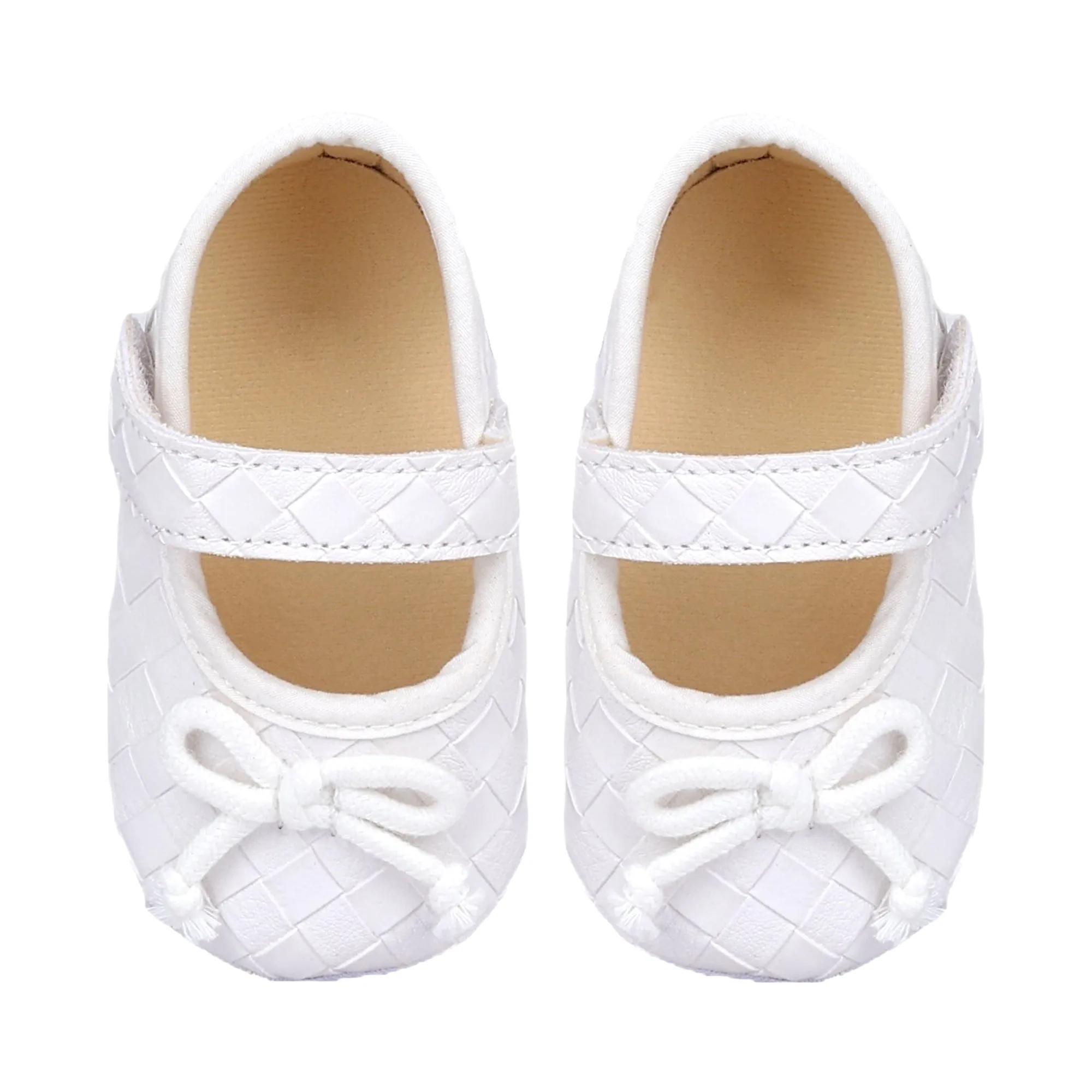 Baby Moo Bow Knot Velcro Strap Textured Leather Anti-Skid Ballerina Booties - White