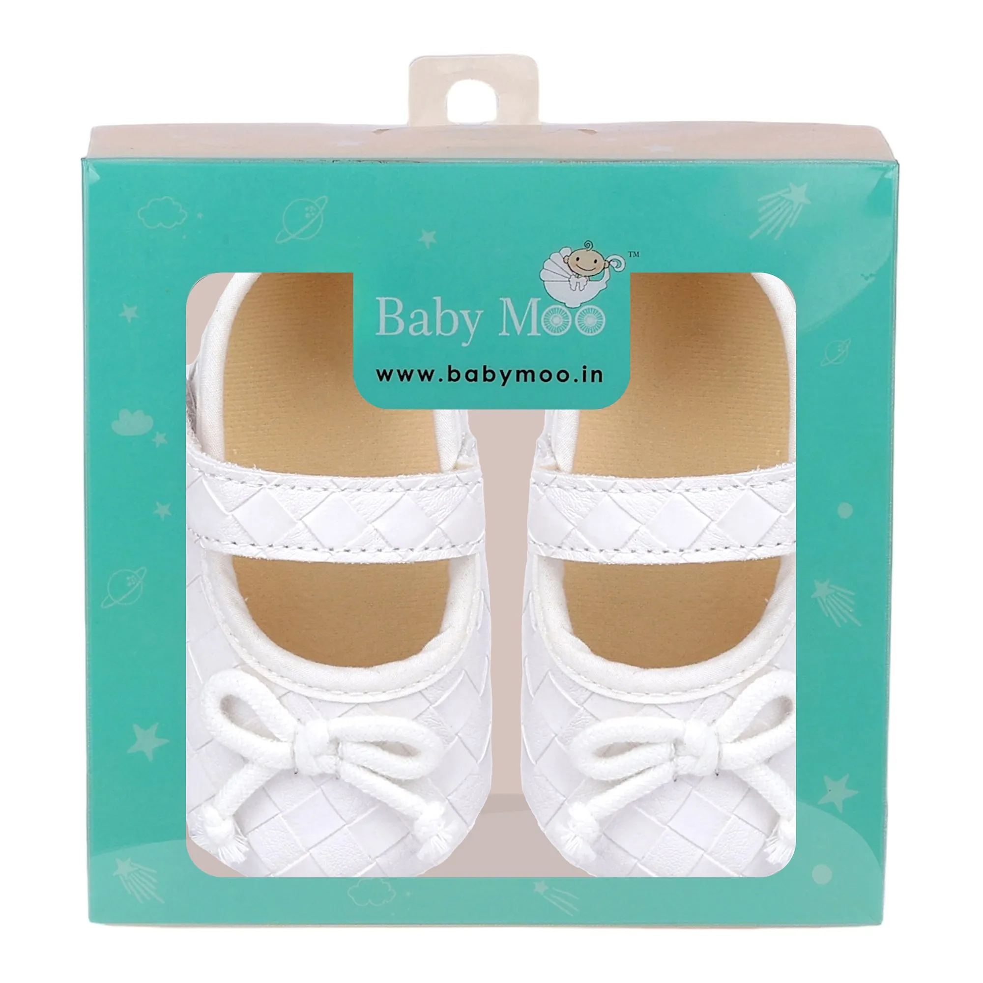 Baby Moo Bow Knot Velcro Strap Textured Leather Anti-Skid Ballerina Booties - White