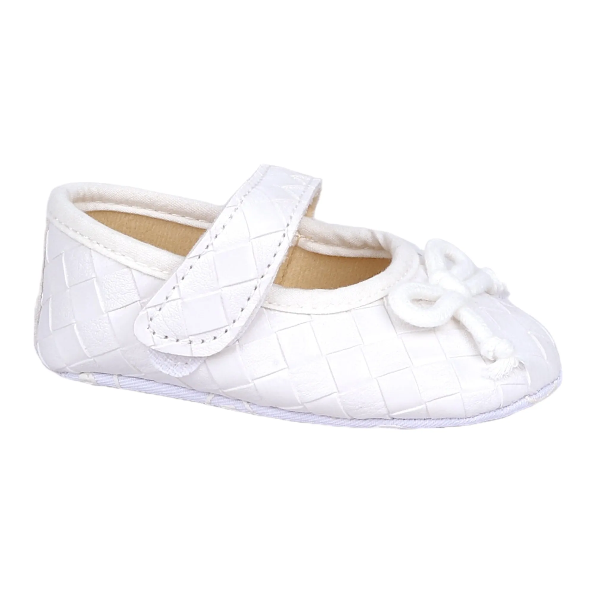 Baby Moo Bow Knot Velcro Strap Textured Leather Anti-Skid Ballerina Booties - White