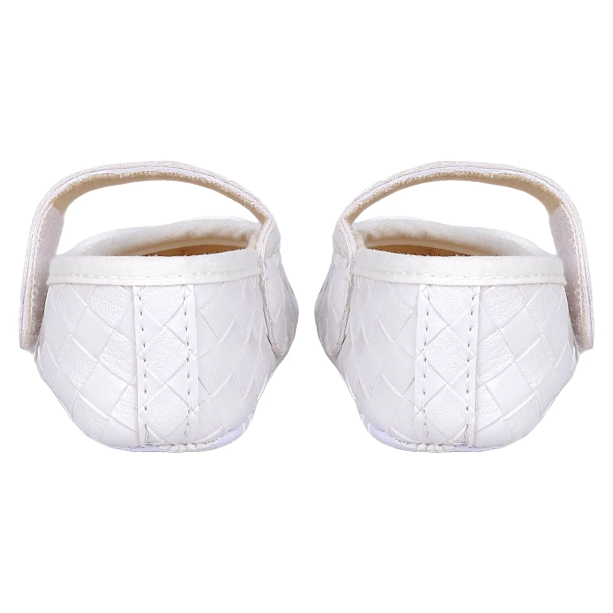 Baby Moo Bow Knot Velcro Strap Textured Leather Anti-Skid Ballerina Booties - White