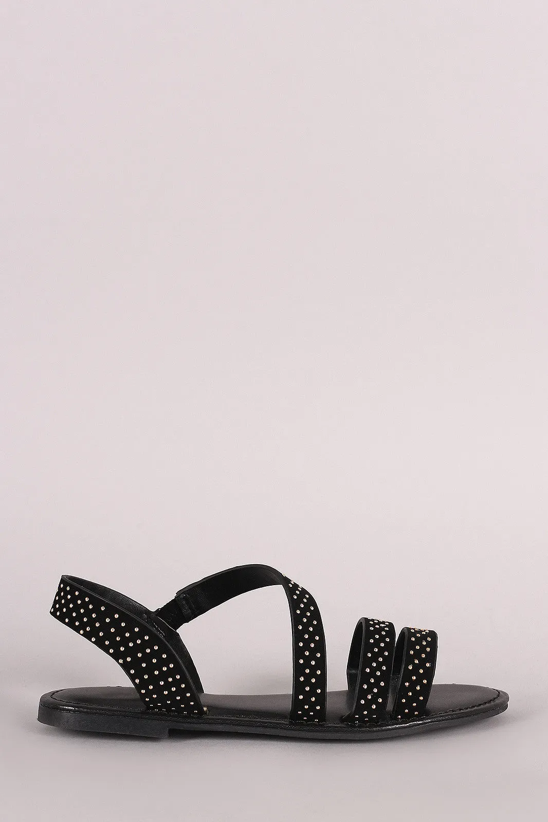 Bamboo Nubuck Studded Asymmetrical Strappy Flat Sandal