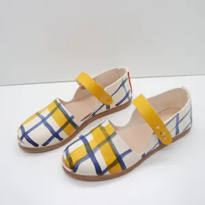 BBF24 SALE. SIZE 39. THE CATU. PLAID PRINT. AZURE. TUMERIC. TUMERIC STRAP.