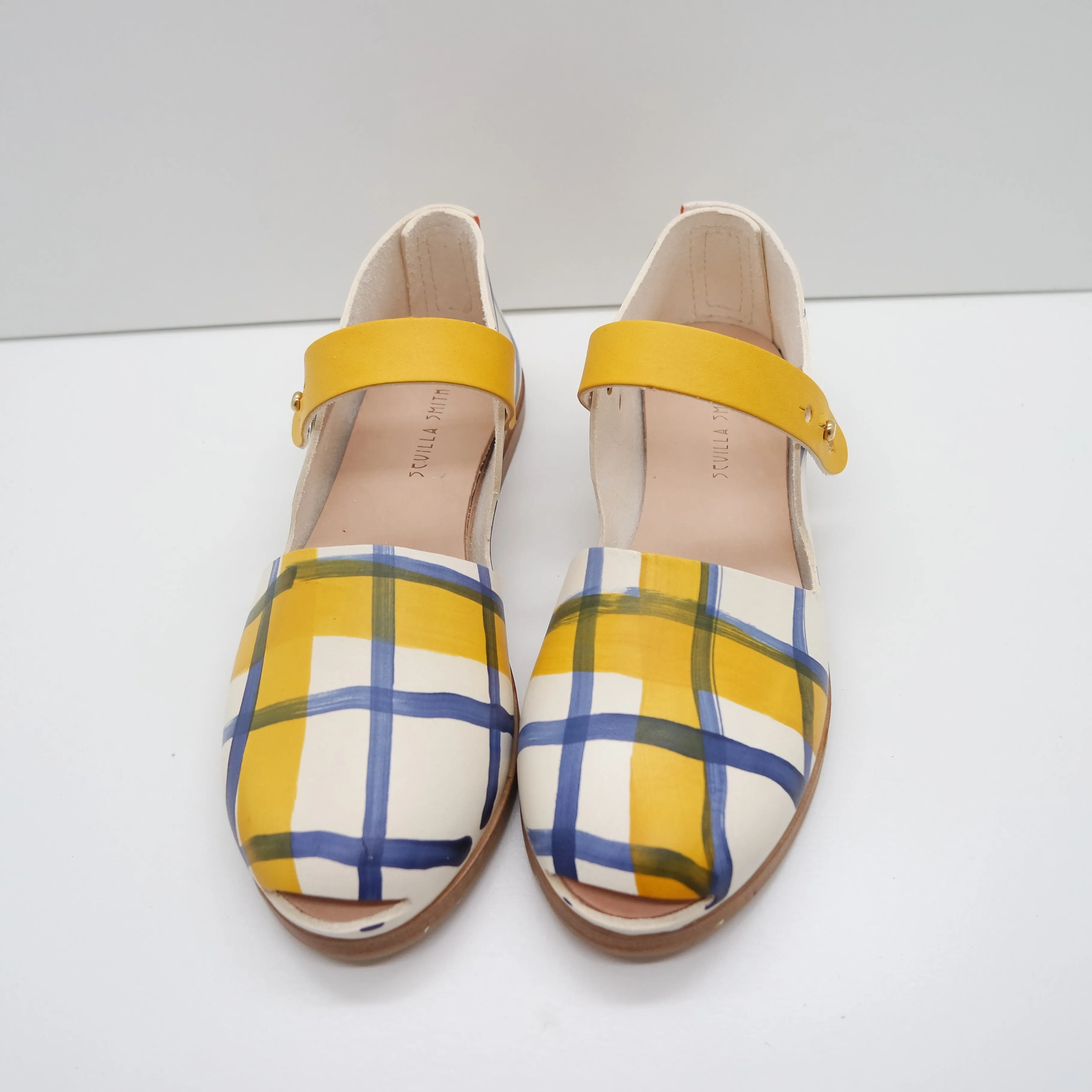 BBF24 SALE. SIZE 39. THE CATU. PLAID PRINT. AZURE. TUMERIC. TUMERIC STRAP.