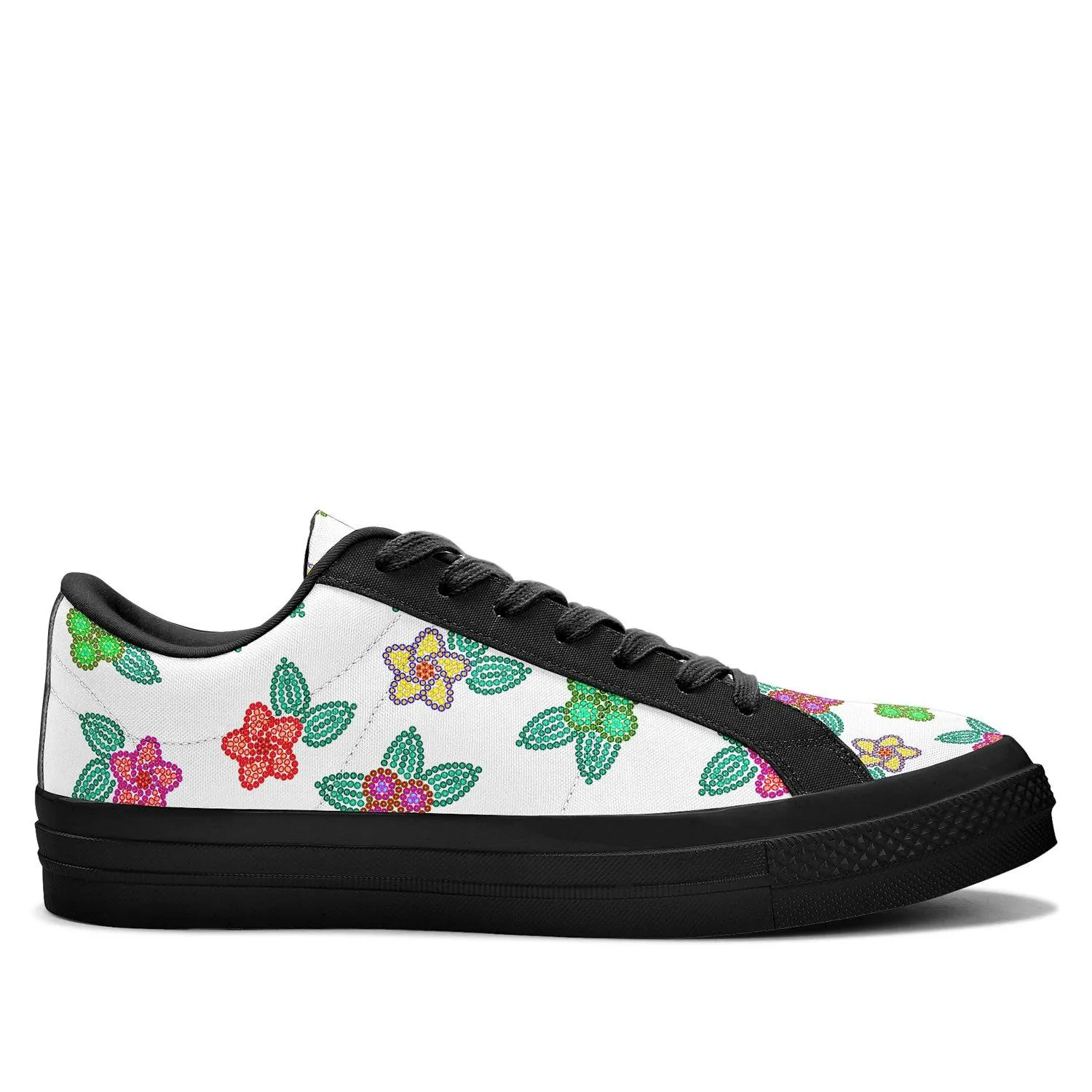 Berry Flowers White Aapisi Low Top Canvas Shoes Black Sole