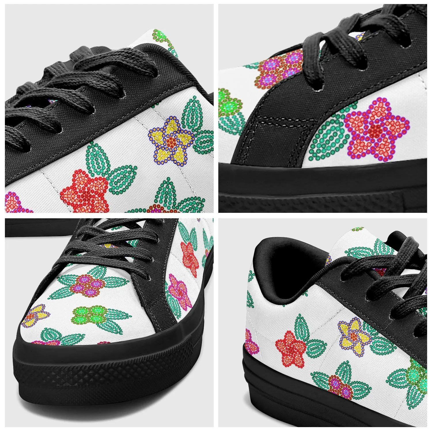 Berry Flowers White Aapisi Low Top Canvas Shoes Black Sole