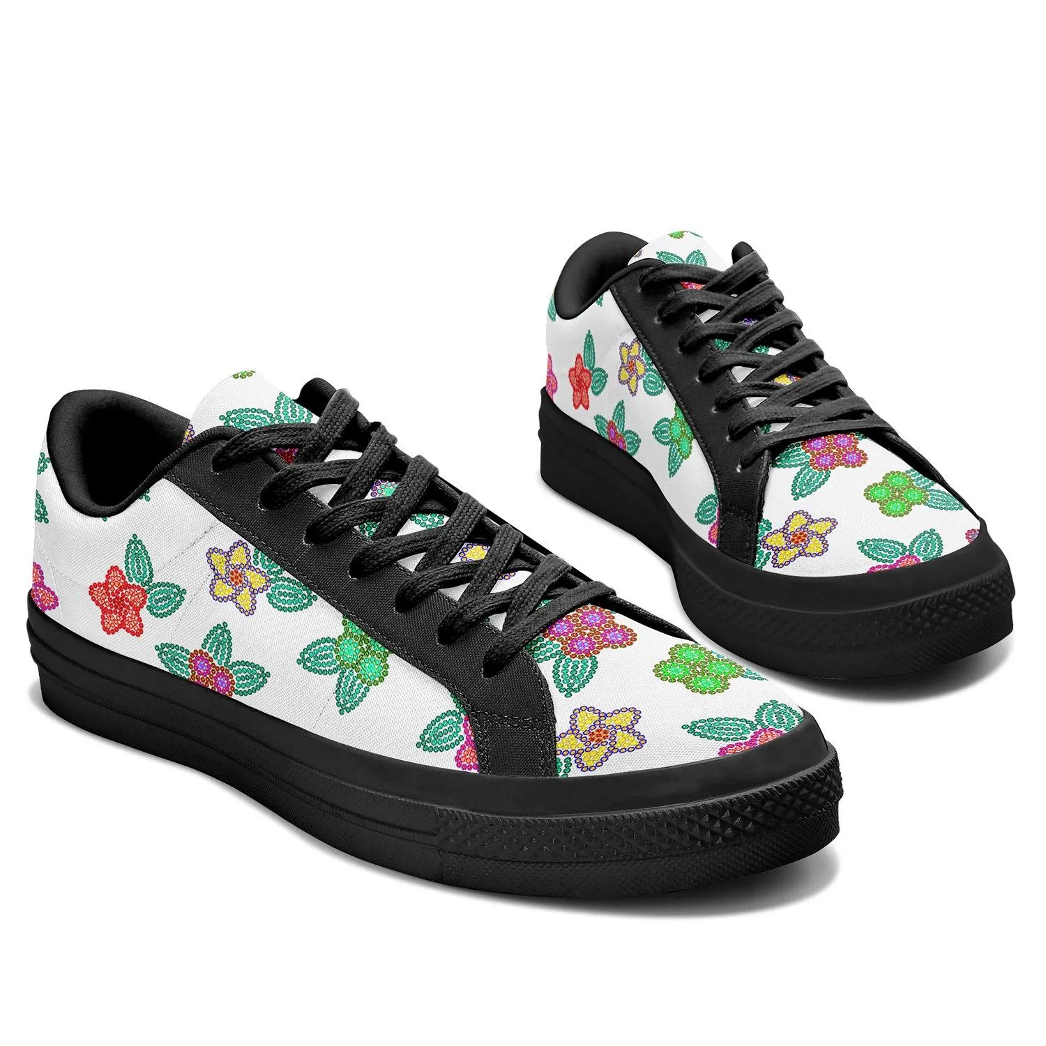 Berry Flowers White Aapisi Low Top Canvas Shoes Black Sole