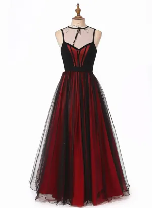 Black and Red V-neckline Tulle Long Party Dress, Black and Red Formal Dress