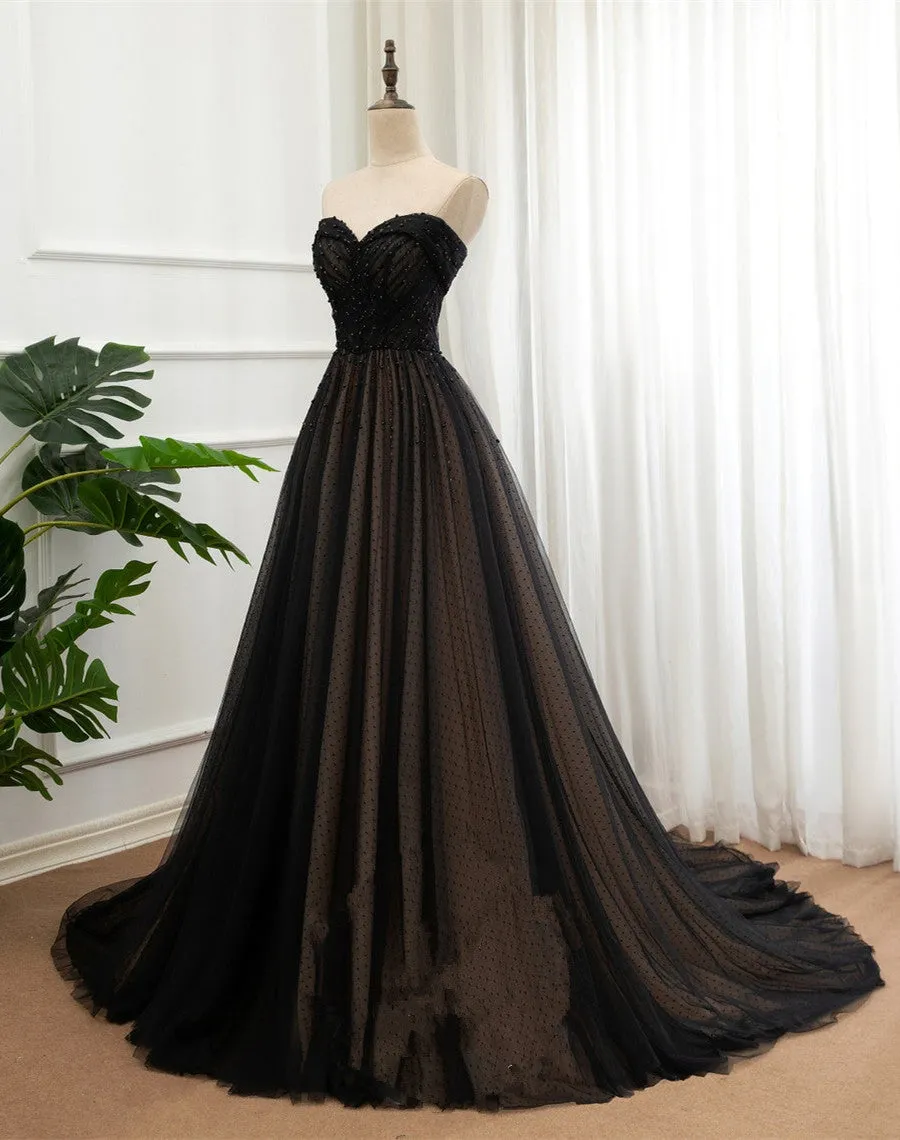 Black Beaded Tulle Sweetheart Long Party Dress, Tulle A-line Formal Dress Prom Dress