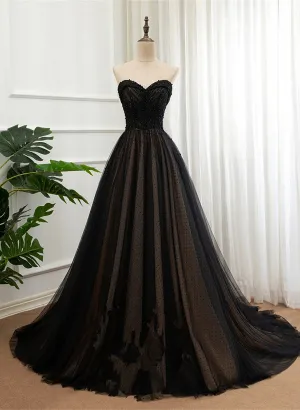 Black Beaded Tulle Sweetheart Long Party Dress, Tulle A-line Formal Dress Prom Dress