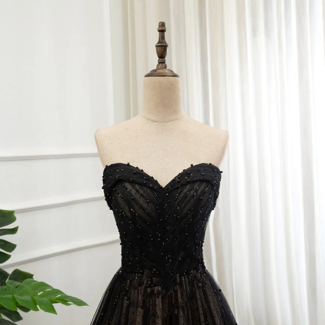 Black Beaded Tulle Sweetheart Long Party Dress, Tulle A-line Formal Dress Prom Dress